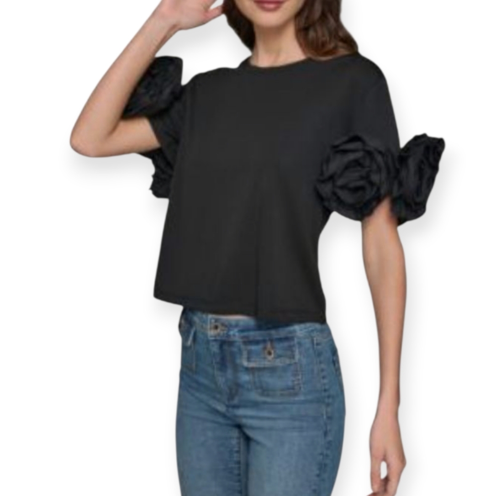Karl Lagerfeld Black 3-D Floral Sleeve Blouse Sz.M EUC